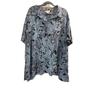 Avenue Paisley Blue Button Up Collared Top Shirt Blouse Size 30/32 Short Sleeve
